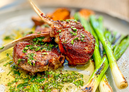 Charred Lamb Loin Chops with Chimichurri & Sweet Potato Wedges