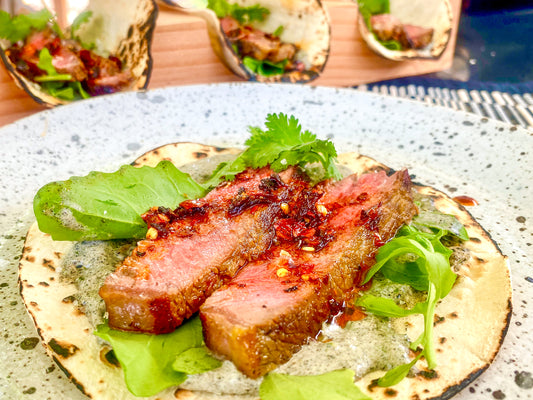 Beef Taco’s with Burnt Onion Cream & Crisp Chili Salsa