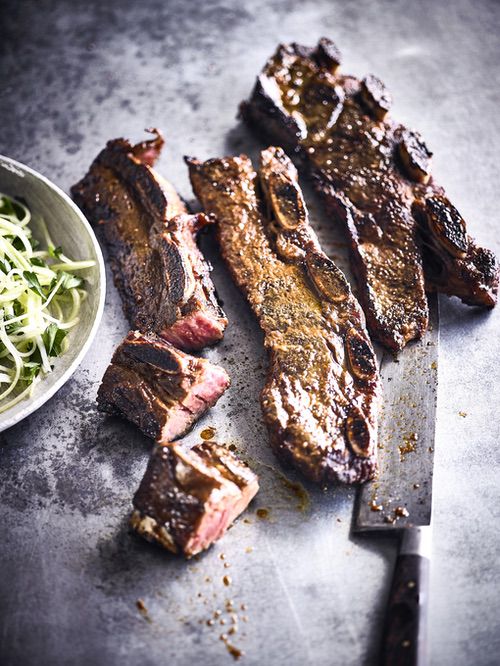 Beef rib kalbi with yuzu parsley cucumber salad