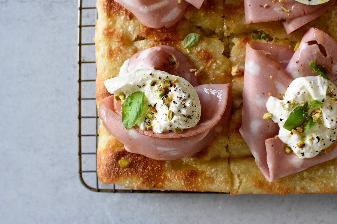 Cold Fermented Focaccia with Mortadella, Burrata, Pistachio