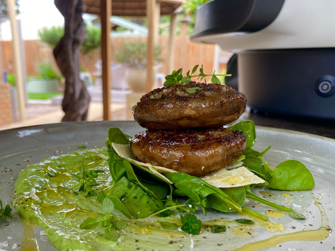 KILN Roasted Bacon & Thyme Stuffed Mushrooms, Creamy Pesto, Parmesan and Spinach.