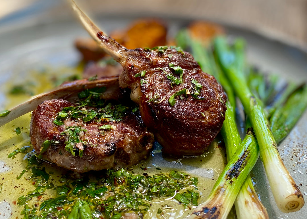 Charred Lamb Loin Chops with Chimichurri & Sweet Potato Wedges