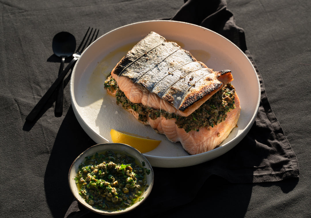 Mushroom Stuffed Salmon with Herby Caper Sauce